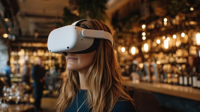 Medium shot of an individual navigating an appbased virtual tasting menu the main user in sharp focus while the immersive digital interface softly blurs behind.