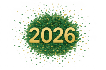 2026 golden sign exploding with green and gold confetti on transparent background