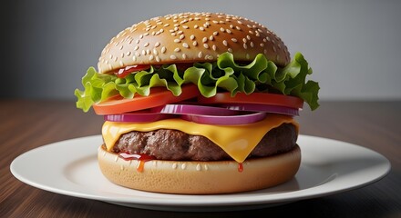 Delicious burger cheeseburger food hamburger lettuce tomato onion sesame bun fast food tasty meal