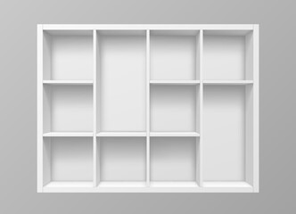 Isolated white empty bookshelf on wall vector background. 3d realistic shelves of book store, library or shop, office and home interior furniture front view. Modern white bookshelf or display stand