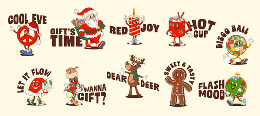 Christmas and New Year hippie Y2K groovy stickers with cartoon characters, vector t shirt prints. Groovy Christmas stickers for winter holiday quotes, funky Santa with New Year gifts and reindeer
