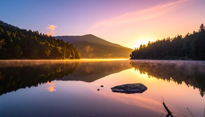 Serene sunrise over a tranquil lake nestled amidst lush green hills