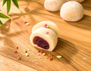 Round, white mochi filled with red bean