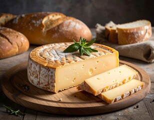 Round cheese with slices and bread