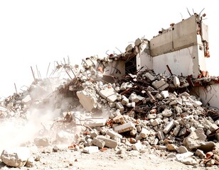 Ruined building debris pile against white background