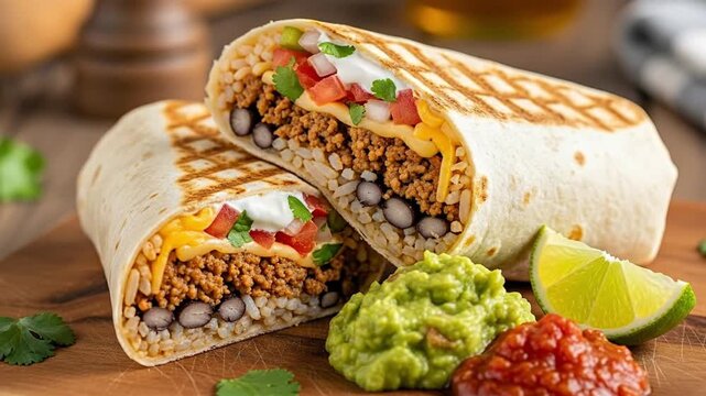 Two savory burritos sliced to reveal fillings of seasoned meat rice beans cheese and fresh toppings are served on a wooden board with guacamole salsa and lime