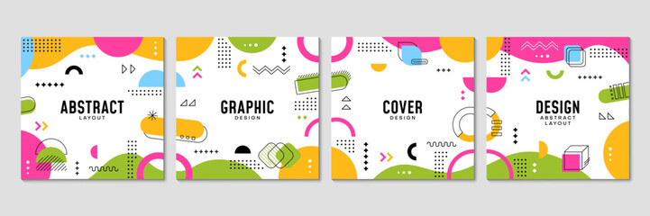 Memphis square cover layout, abstract geometric banners. Modern vector templates of covers or media posts feature vibrant colors, simple shapes playful patterns in retro modern hipster style of 1980s