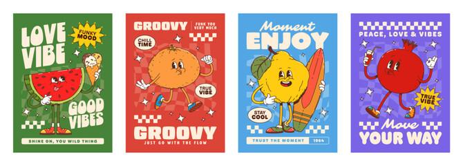 Fototapeta premium Ripe fruits hippie groovy characters posters with playful watermelon, orange, quince and pomegranate retro personages with expressive faces, and positive lifestyle slogans in bold vintage typography
