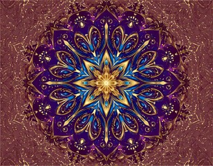 Ornate mandala with gold and blue accents on a maroon background