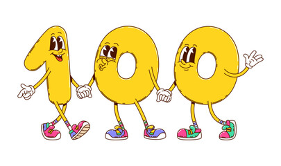 Cartoon groovy math number 100 character, school education personage. Vector playful yellow numerals 1, 0 and 0 with animated faces holding hands and walking together creating one hundred digit figure