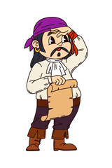 Groovy pirate or funny corsair character with scroll of treasure map, cartoon vector. Groovy Caribbean pirate character in sailor bandana with earring as corsair boatswain or seaman character