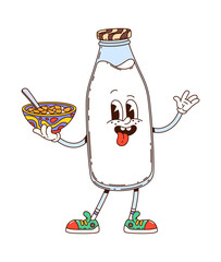 Cartoon groovy milk bottle drink character with a happy face, holding a cereal bowl. Vector funky breakfast retro y2k personage with joyful face expression and playful nostalgic childhood hippie vibes