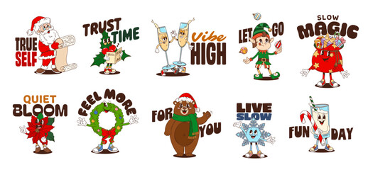 Fototapeta premium Christmas funny y2k groovy stickers. Festive patches with cartoon characters santa, elves, holiday drinks, wreath, poinsettia, gifts, snowflake and bear in hat, paired with playful positive slogans