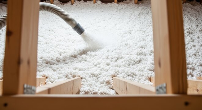 Overhead shot of attic beams as white blownin cellulose insulation is evenly dispersed via a flexible hose and blower nozzle.