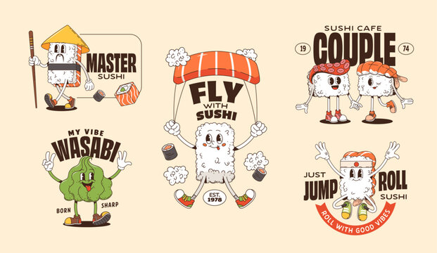 Japanese sushi and roll groovy characters stickers, t shirt print and posters. Vector set of cartoon quirky Asian food retro y2k personages paired with playful slogans for restaurant promotion or menu