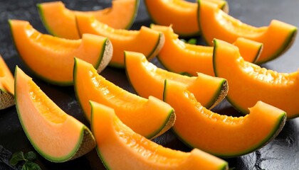 Sliced cantaloupe on dark surface