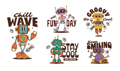 Funny robot and droid groovy characters stickers and t shirt prints. Cartoon cute retro hippie robot vector characters with happy screen faces and antennas. Groovy droid bots characters stickers set