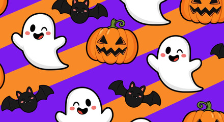 Obraz premium Cute Halloween Pattern Featuring Adorable Ghosts Pumpkins and Bats on a Purple and Orange Striped Background