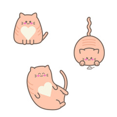 Fat cute doodle tabby red cat in various poses set. Sitting, lying, hunting for a mouse. Funny orange  kitten character with white heart clip art. Vector illustration.