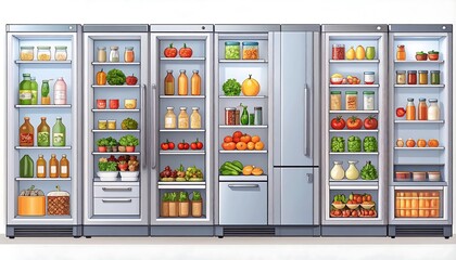 Rows of refrigerators stocked with various fresh foods