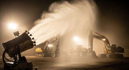 Nighttime scene showing illuminated mist cannon dispersing water spray to control airborne dust at nighttime construction site with heavy machinery.