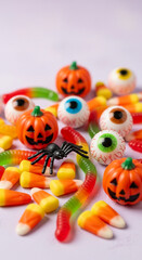 Assortment of Halloween candies: gummy worms, candy corn, jelly eyeballs, and small pumpkins.  Image showcases festive treats, ideal for Halloween-themed designs or blogs