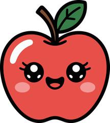 Vector art of adorable red apple cartoon character with big, sparkling eyes and a cheerful smile perfect for childrens books, educational materials, and cute designs