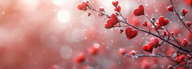 Delicate floral branches adorned with tiny red hearts bloom gracefully against a soft background of warm hues