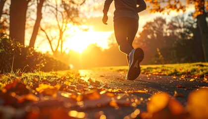 Runner in autumn park at sunrise