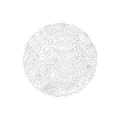 Round underwater marine sticker sketch in a circle. Seashell, scallop, and snail with ocean pattern. Artistic concept for aquatic design, doodle style perfect for decorative texture.