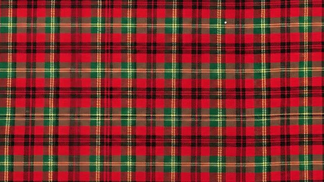 Woven textile with a detailed plaid pattern of intersecting red green brown and black bands featuring thinner yellow and white lines