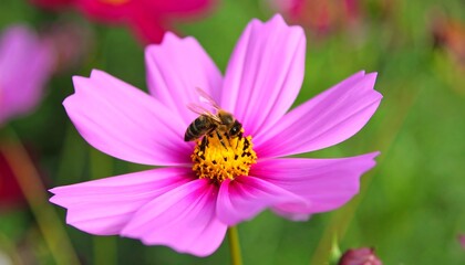 Vibrant pink cosmos flower with bee