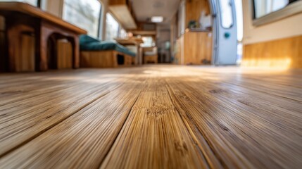 View of bamboo flooring being laid in an RV living area focusing on sustainable natural material use with surrounding elements gently out of focus.