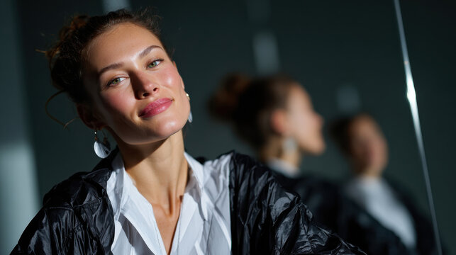 A woman smiles brightly in a contemporary space, capturing the essence of joy and positivity amidst reflective surfaces that enhance the atmosphere of creativity.