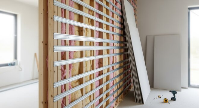 Interior shot featuring partially completed soundproof wall where resilient channels create a separation layer prior to drywall application.