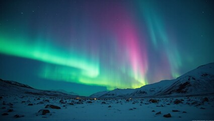 Vibrant northern lights over snowy mountains on a starry night