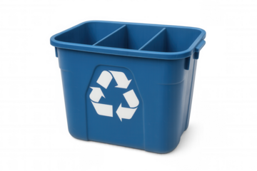 Recycling bin featuring blue color, multiple compartments, universal recycling logo, supporting waste separation and environmental responsibility against clean background