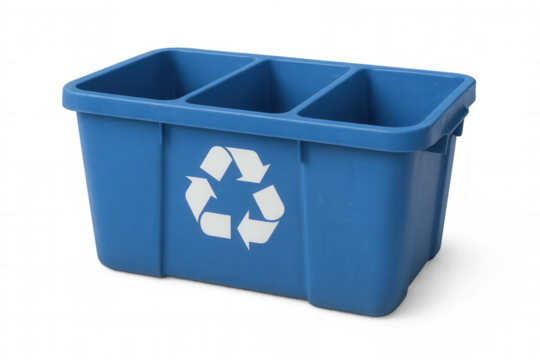 Blue recycling bin featuring three compartments and universal recycling symbol, promoting waste sorting and environmental consciousness on transparent background - Powered by Adobe