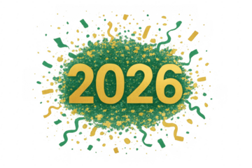2026 golden text celebrating new year with green and gold glitter and confetti on transparent background
