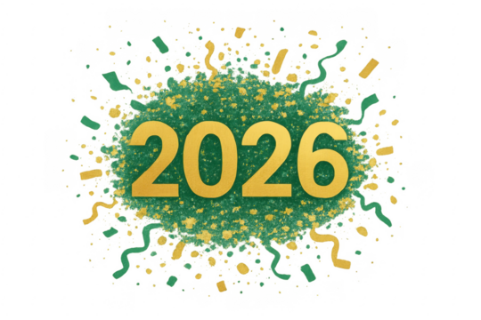 2026 golden text celebrating new year with green and gold glitter and confetti on transparent background