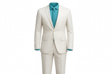 White suit, turquoise shirt and tie isolated on transparent background, perfect for image manipulation and compositing