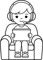 Cute cartoon kid sitting on armchair using tablet with headset, online learning or gaming, digital technology, interactive education, black and white outline drawing