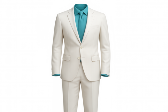 White suit, turquoise shirt and tie isolated on transparent background, perfect for image manipulation and compositing