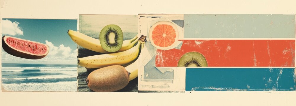 A colorful surrealist banner showcases an artistic arrangement of tropical fruits, including bananas and kiwis, with a backdrop of serene ocean waves. The bright colors dance across the canvas