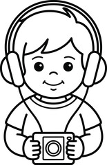 Child with headphones, smiling and holding camera, enjoying photography, digital creativity, cartoon illustration of a young photographer capturing moments.