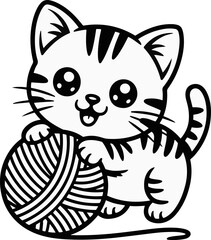 Vector art of cute kitten playing with a ball of yarn adorable cartoon cat with big eyes and stripes, vector illustration for kids, coloring book, or print