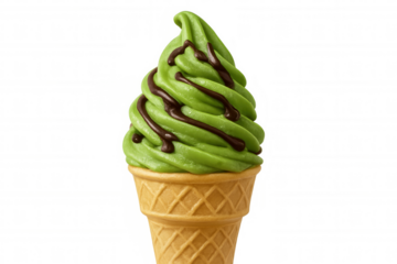 Soft serve matcha ice cream with chocolate syrup in a crispy waffle cone, isolated on a transparent background