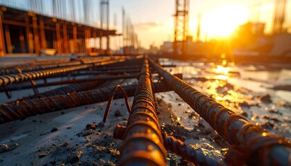 Rusty reinforcing steel beams at a construction site at sunset