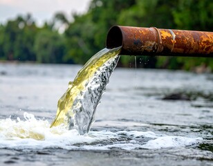 Rusty pipe discharging murky liquid into a river