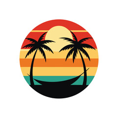 Vintage Sunset with Tropical Beach Hammock Silhouette